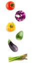 Fresh flying vegetables ingredients isolated on a white background. Royalty Free Stock Photo