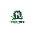 Fresh food logo with plate, spoon and fork vector design illustration Royalty Free Stock Photo