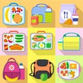 Fresh food lunch bag icon set, flat style Royalty Free Stock Photo