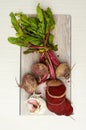 Fresh, food and nutrition in beetroot, garlic and counter top in kitchen or studio. Healthy, eating and recipe for Royalty Free Stock Photo