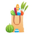 Fresh Food in a paper bag - vector illustration in flat style. Different food and beverage products, grocery shopping Royalty Free Stock Photo