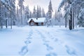 fresh footprints leading up to a secluded forest lodge in snow