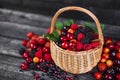 Fresh forest berries in basket on wooden table. Copy space Royalty Free Stock Photo