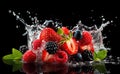 Fresh forest fruit, berries fruits with water splash on dark background. Generative Ai