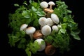 Fresh forest mushrooms with white and brown caps, aromatic herbs, mushroom species identification