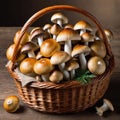 Fresh forest mushrooms in a wicker basket on a wooden background.