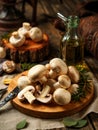 Fresh forest white mushrooms on a wooden board Royalty Free Stock Photo