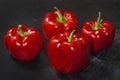 Fresh four red peppers on a black background in the center of the frame Royalty Free Stock Photo