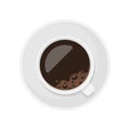 Fresh fragrance black aroma coffee in porcelain cup and saucer top view vector flat illustration