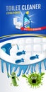Fresh fragrance toilet cleaner ads. Cleaner bobs kill germs inside toilet bowl. Vector realistic illustration. Vertical banner.