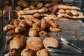 Fresh fragrant croissants and breads on the table., Variety of baked products at bread shop Royalty Free Stock Photo