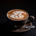 Fresh fragrant cappuccino coffee with a beautiful pattern on the crema isolated on black close-up,