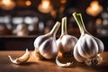 Fresh fragrant garlic on a dark wooden background. Garlic cloves on wooden table. Fresh peeled garlics Royalty Free Stock Photo