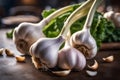 Fresh fragrant garlic on a dark wooden background. Garlic cloves on wooden table. Fresh peeled garlics Royalty Free Stock Photo