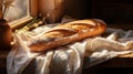 Fresh fragrant, still life with French baguettes from fresh bread with poolish on a wooden cutting board and wheat.n Royalty Free Stock Photo