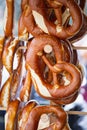 Fresh fragrant traditional pretzels in a street shop