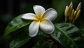 Fresh frangipani blossom, wet with raindrop, reflects tranquil beauty generated by AI