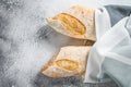 Fresh French baguette bread. gray background. top view. Copy space Royalty Free Stock Photo