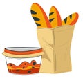 Fresh french baguette and jam in jar, food vector
