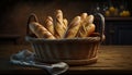 Fresh French baguettes in a wicker basket on a wooden table in the kitchen. Light on the crust.