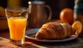Fresh French breakfast: croissant, coffee, orange juice generative AI
