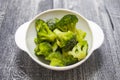 Fresh frozen broccoli on a white plate, wooden background, healthy diet, close-up Royalty Free Stock Photo