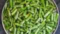 Fresh frozen green beans in a plate. Stocking up vegetables for winter storage Royalty Free Stock Photo