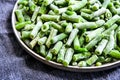 Fresh frozen green beans in a plate. Stocking up vegetables for winter storage Royalty Free Stock Photo