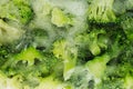 Fresh frozen green broccoli in ice closeup as background. Royalty Free Stock Photo