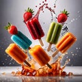 Fresh frozen popsicle ice lollies, frozen cold sweet treats on stick