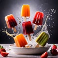 Fresh frozen popsicle ice lollies, frozen cold sweet treats on stick