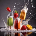 Fresh frozen popsicle ice lollies, frozen cold sweet treats on stick