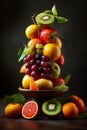 Fresh fruit balancing on top of each other, pile of fruits, generative AI