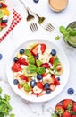 Fresh fruit and berry salad with cottage cheese, strawberries, blueberries, kiwis, oranges and mint leaves with honey dressing, Royalty Free Stock Photo