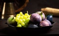 Fresh fruit in a bowl against rustic background