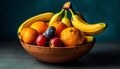 Fresh fruit bowl banana with orange, grape, lemon, lime, apple, tomato generated by AI