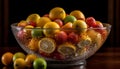 Fresh fruit bowl: orange, lemon, lime, grape generated by AI