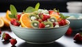 Fresh fruit bowl strawberry, raspberry, blueberry, mint leaf, kiwi generated by AI