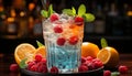 Fresh fruit cocktail raspberry, mint, lime, strawberry, lemon, orange generated by AI