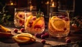 Fresh fruit cocktail on rustic bar table, perfect summer refreshment generated by AI Royalty Free Stock Photo
