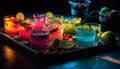 Fresh fruit cocktail on wooden table at lively night bar generated by AI Royalty Free Stock Photo