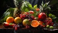 Fresh fruit collection pineapple, grape, orange, apple, lemon, lime generated by AI