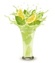 Fresh fruit drink splash. Whole and sliced limon and green mint in a fresh juice or cocktail with splashes and drops isolated on