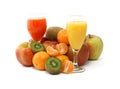 Fresh fruit and glasses of juice isolated on white Royalty Free Stock Photo