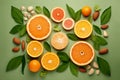 fresh fruit on a green background, including oranges, kiwi, and almonds.