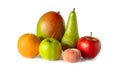 fresh fruit group - apple green and red, pear, mango and orange, lie on a white table, isolated Royalty Free Stock Photo