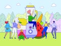 Fresh fruit juice concept, tiny people making smoothie cocktail in giant blender, vector illustration