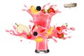 Fresh fruit juice splash wave. Whole and sliced strawberry, raspberry, cherry, pear, peach in a sweet syrup wave with splashes and Royalty Free Stock Photo