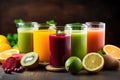 Fresh fruit juices, different types of fruit and colors. Detox concept