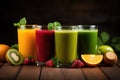 Fresh fruit juices, different types of fruit and colors. Detox concept